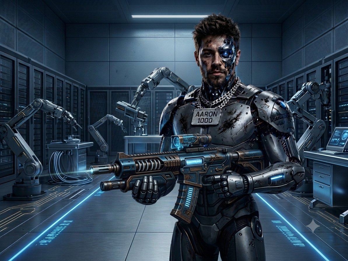 Aaron as a cyborg in a robotics lab